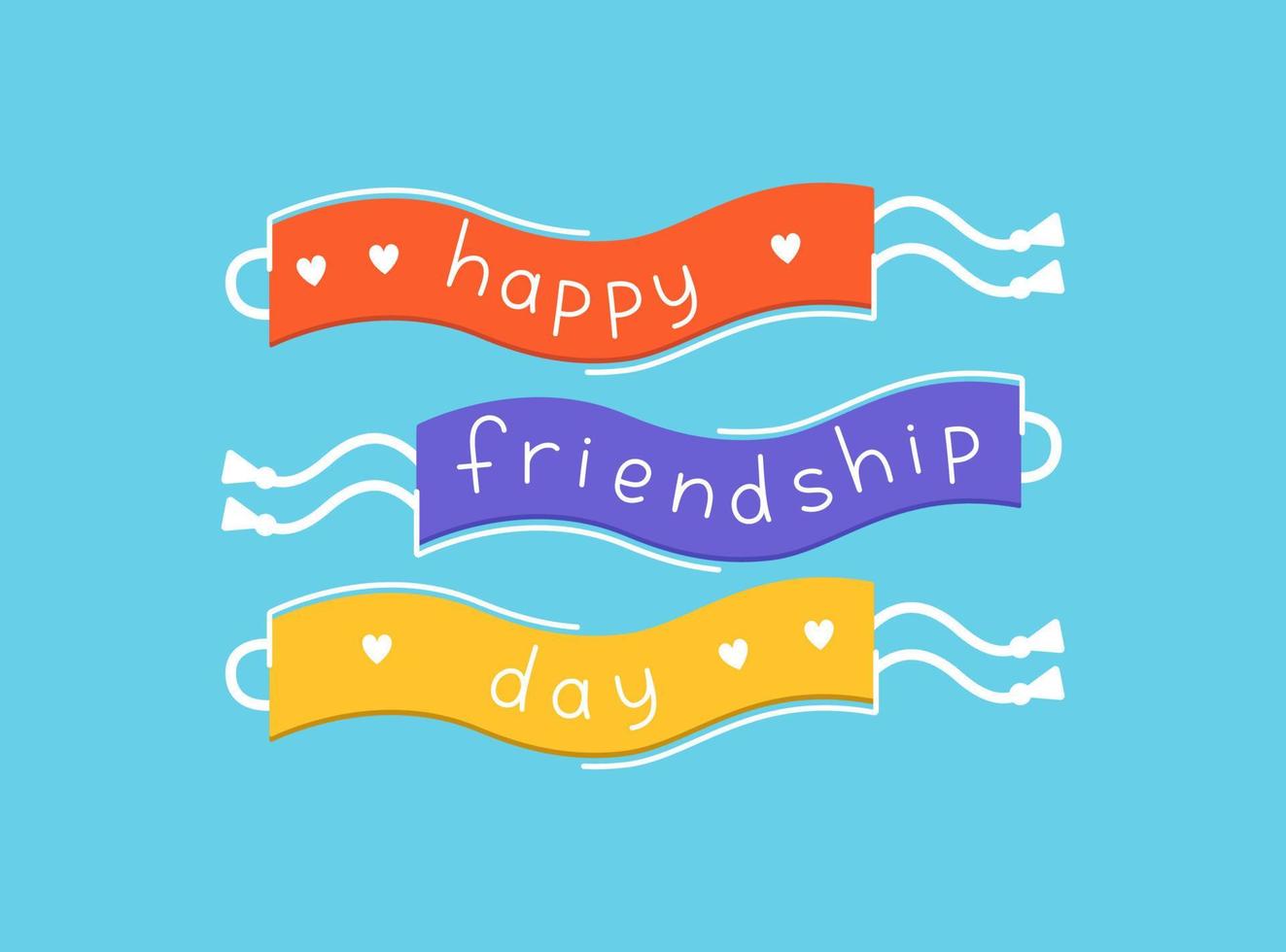 Happy friendship day greeting card design. Friendship bracelets on blue background vector flat illustration. Three wristbands with congratulatory title