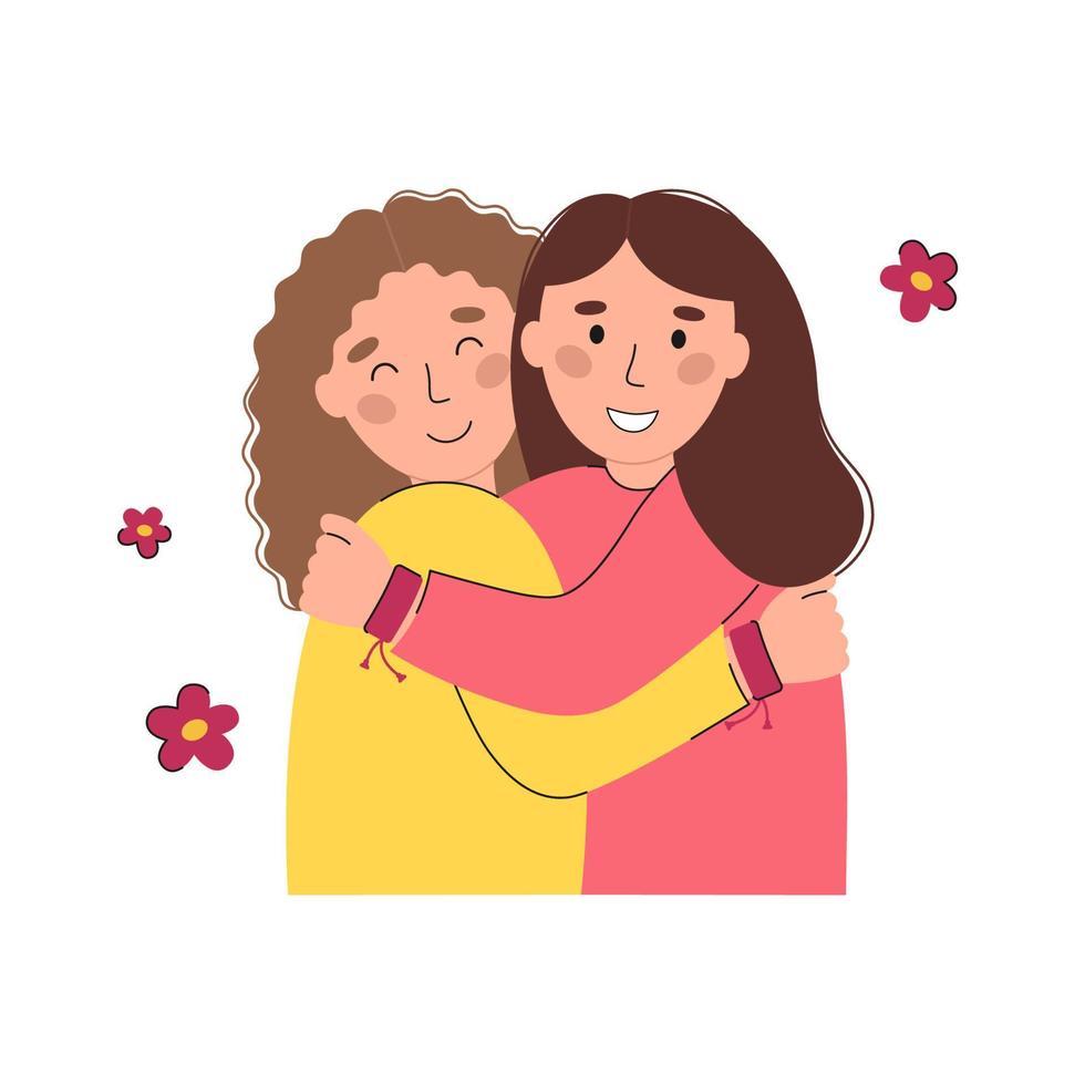 Two girls hugging in friendship bracelets vector flat illustration. International Friendship Day banner design. Happy smiling people isolated on white background. DIY wristband for friends