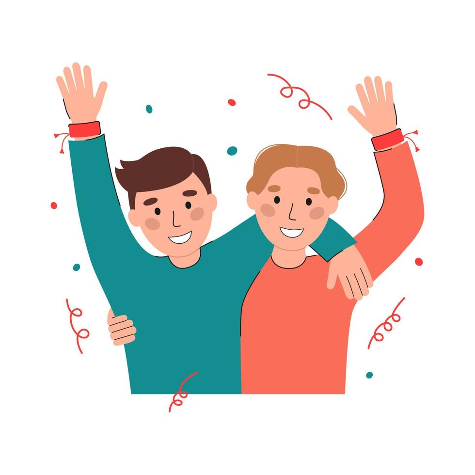 Two happy boys in friendship bracelets vector flat illustration. International Friendship Day banner design. Smiling people and confetti isolated on white background. DIY wristband for friends