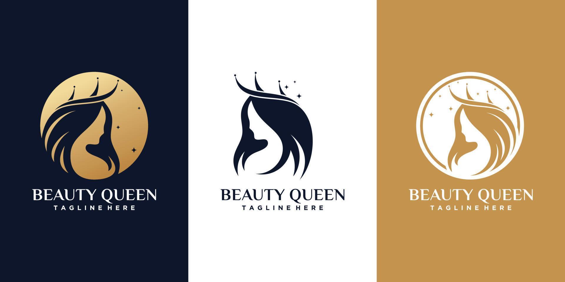 logotipo de belleza de reina con concepto de estilo de cabello creativo vector premium