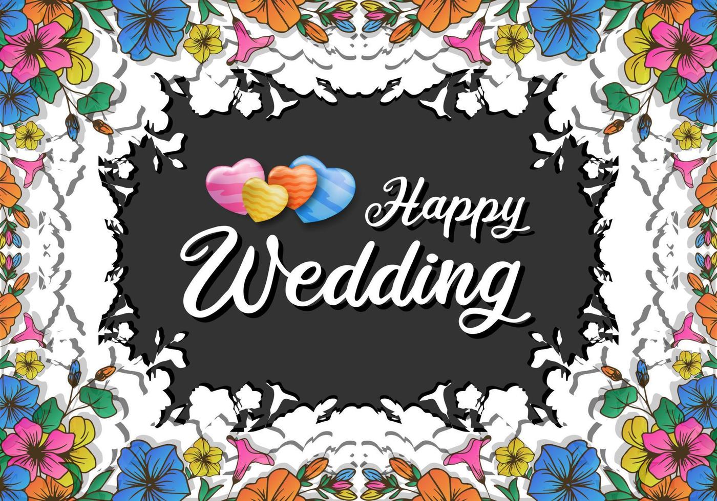 Happy wedding, decorated with white abstract frame with colorful flowers, paper cut design style vector