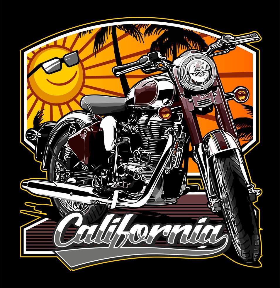 motocicleta clásica y puesta de sol vector