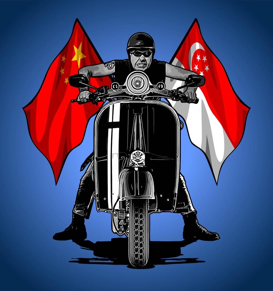 motociclista enojado y bandera vector