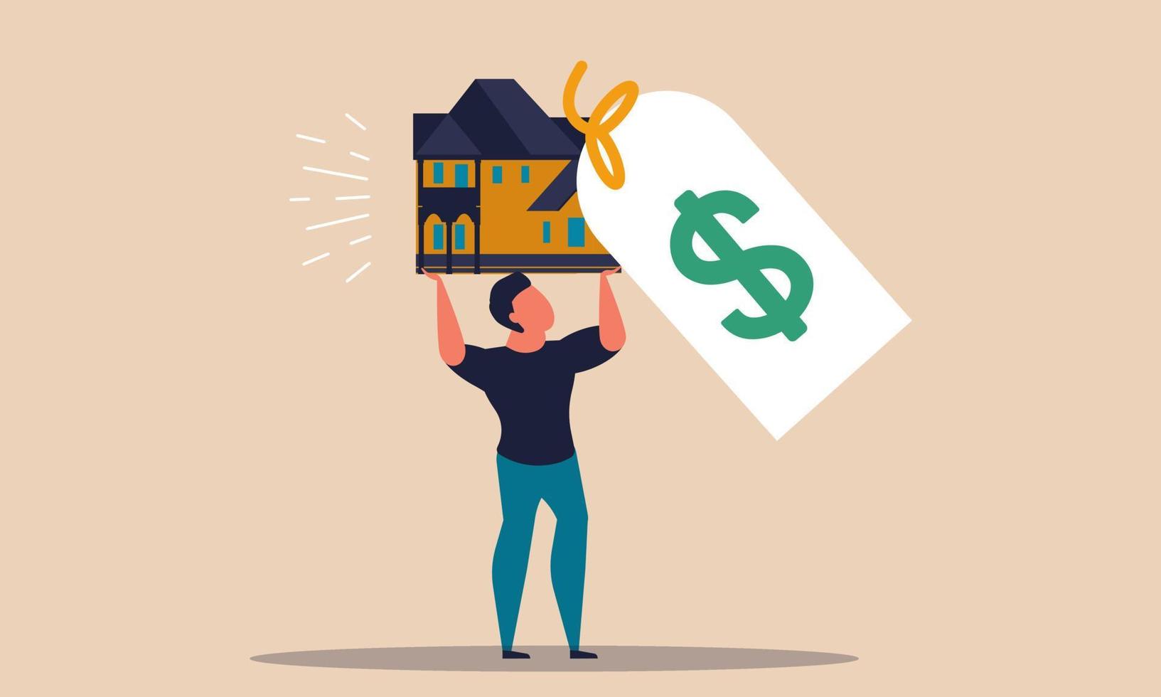 Mortgage house and real estate payment overprice. Character overpay to insurance building and broker vector illustration concept. Expenses to bank budget and finance problem. Property payoff to credit