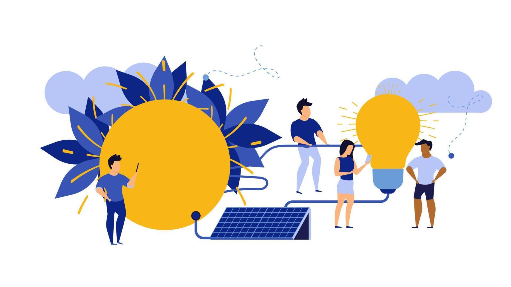 Eco energy vector alternative ecology illustration clean environment. Power solar renewable nature panel with people. Electric Earth sun business technology global world. Banner recycle generator