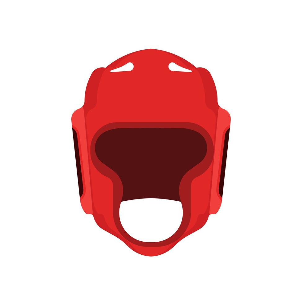 Boxing helmet flat symbol front view pictogram. Protection red gym hat. Uniform man mask sport vector icon