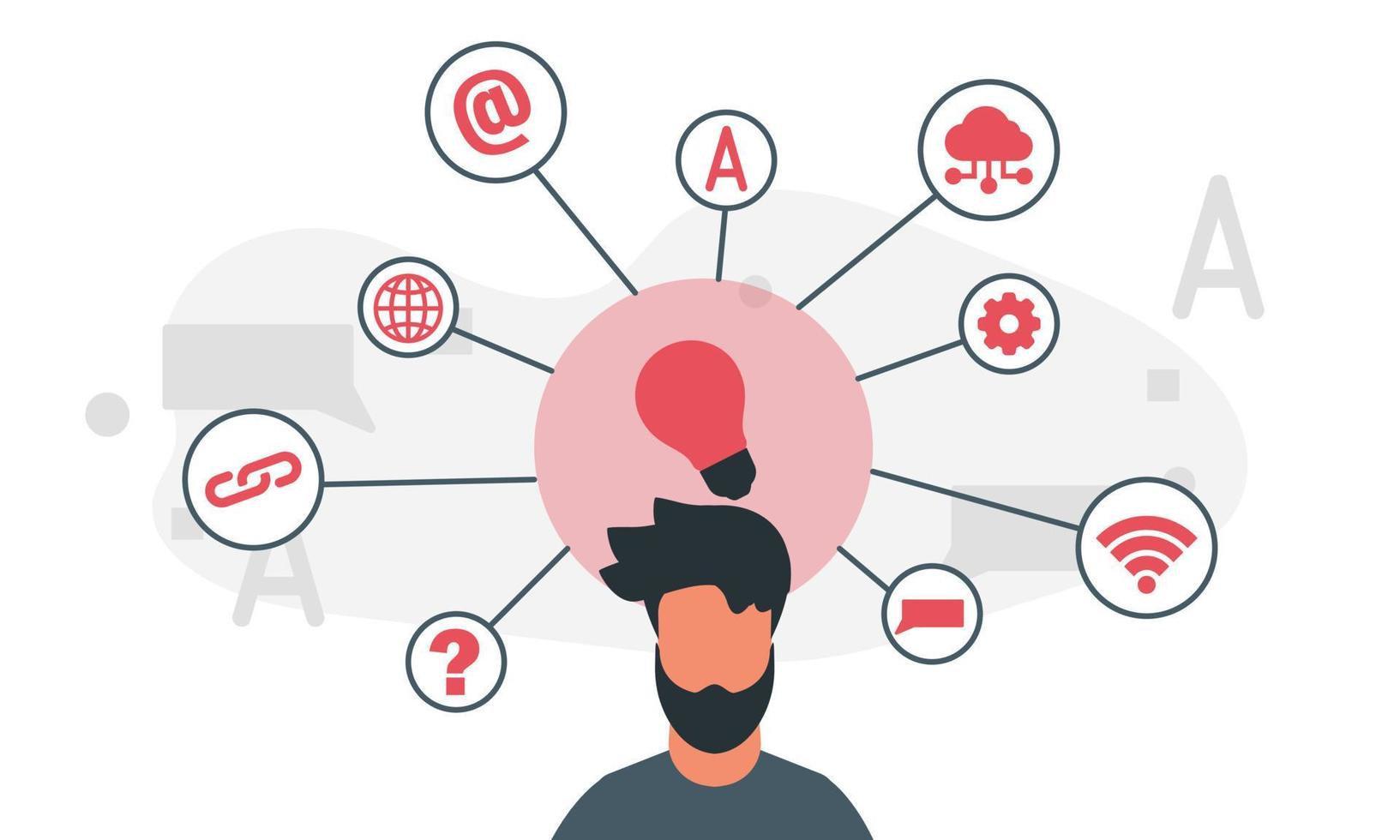 People mind map concept vector illustration. A man and his thoughts in his head imagination in the form of connections brain
