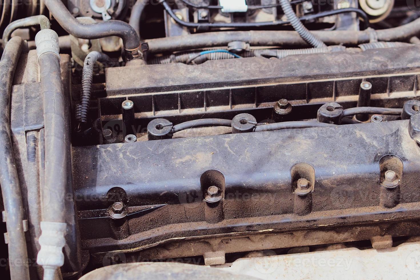 Dirty engine oil stains that have not been maintained. The concept of engine dirt can cause engine failure. photo