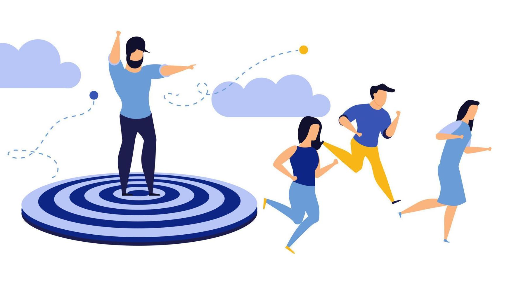 Goal employee man and woman business action target. Run to journey concept vector illustration achievement. Success leadership background work. Challenge award aim direction banner. Timely ambition