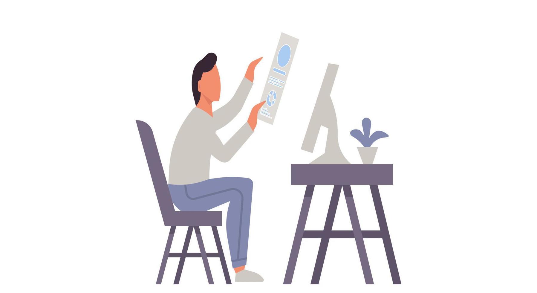 Man working at home business freelance character. Cartoon office workplace interior house job with chair and table. Lifestyle remote employee on coronavirus connection. Professional male icon. vector