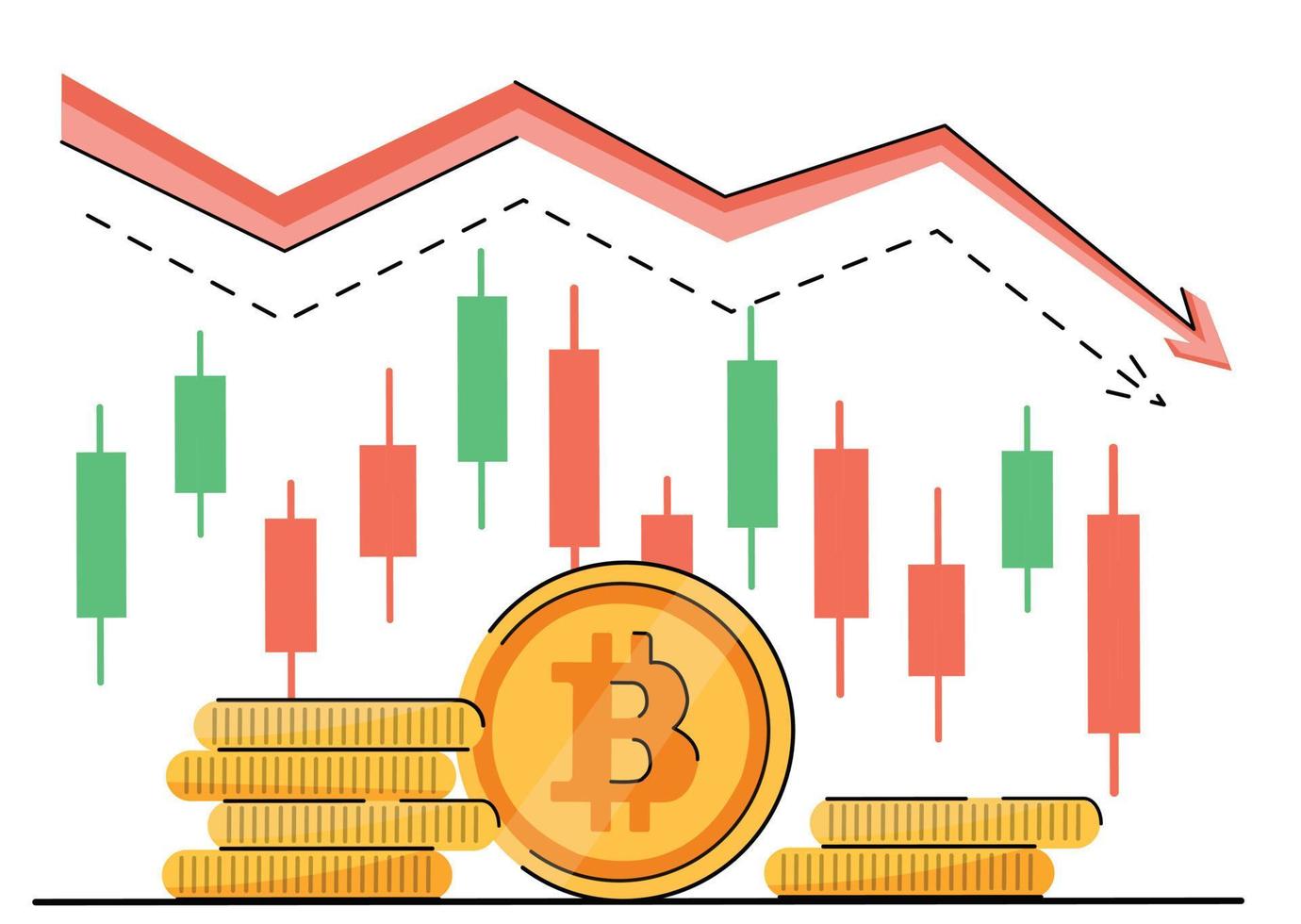 down trends of bitcoin and cryptocurrencies. Bear wave in the cryptocurrency market. Bitcoin price rise, bear market. crypto down trend. red arrow and coin. vector isolated on white