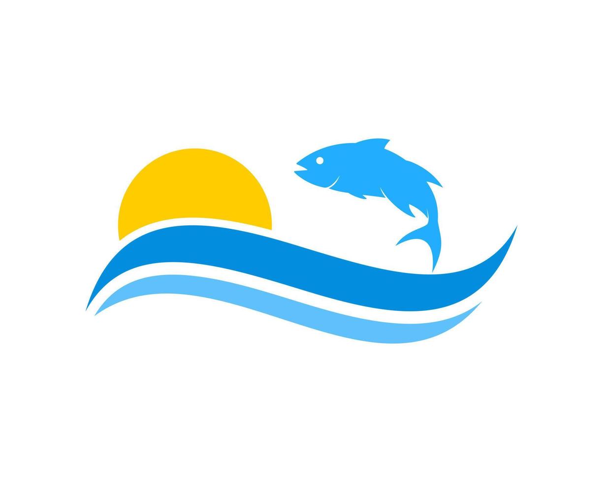 Jumping fish with beach wave and sunset behind vector