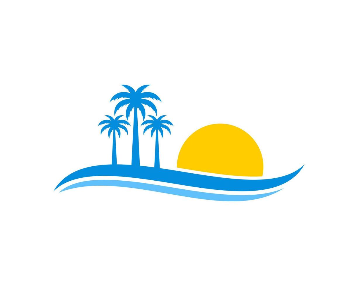 tres palmeras con olas de playa y puesta de sol vector