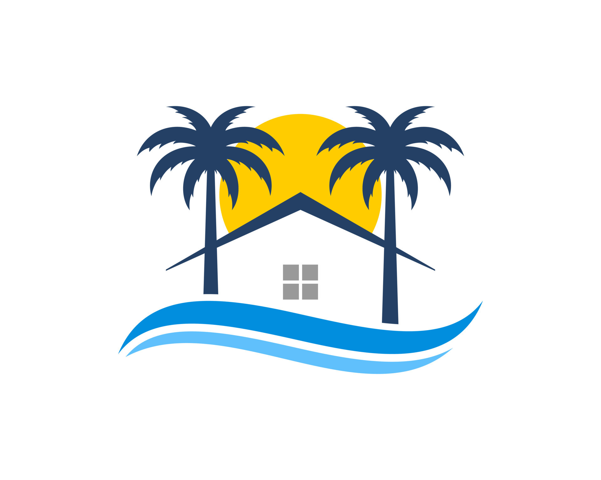 Two palm tree with simple house and beach sunset inside 10845375 Vector