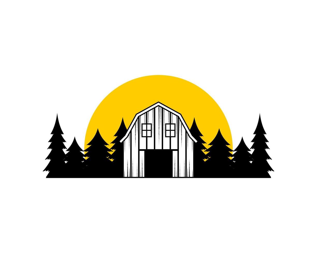 pine forest with barn and sunset behind vector