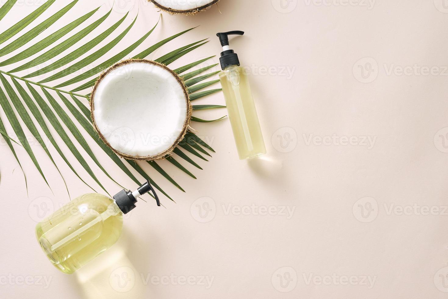 Shampoo and spray coconut hair care. Natural cosmetics homemade mask. Coconut oil and scrub. Spa and wellness. Homemade beauty products. Healthy lifestyle. photo