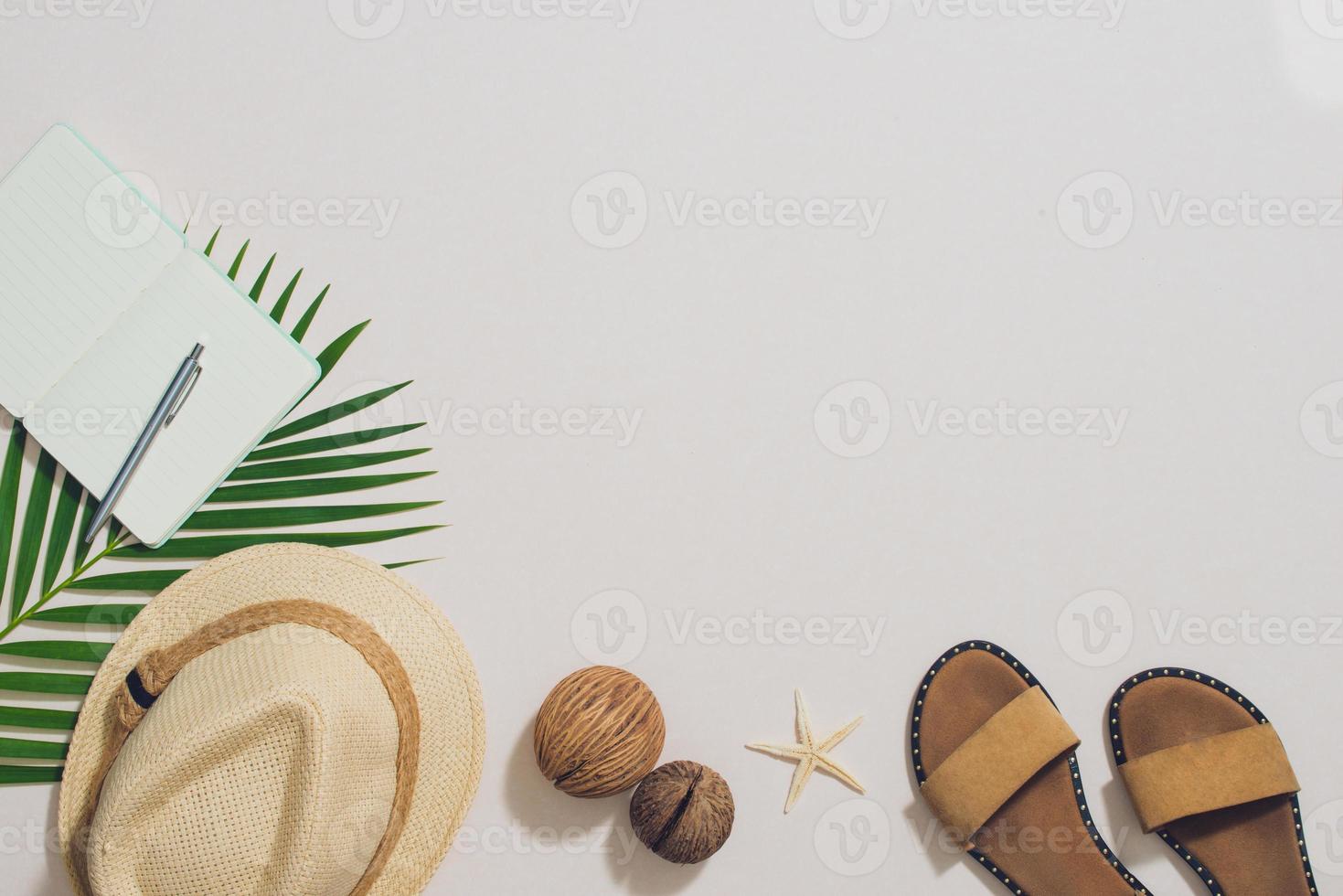 Colorful summer holidays fashion flat lay - straw hat, camera, sunglasses, sea shells on ligh background photo