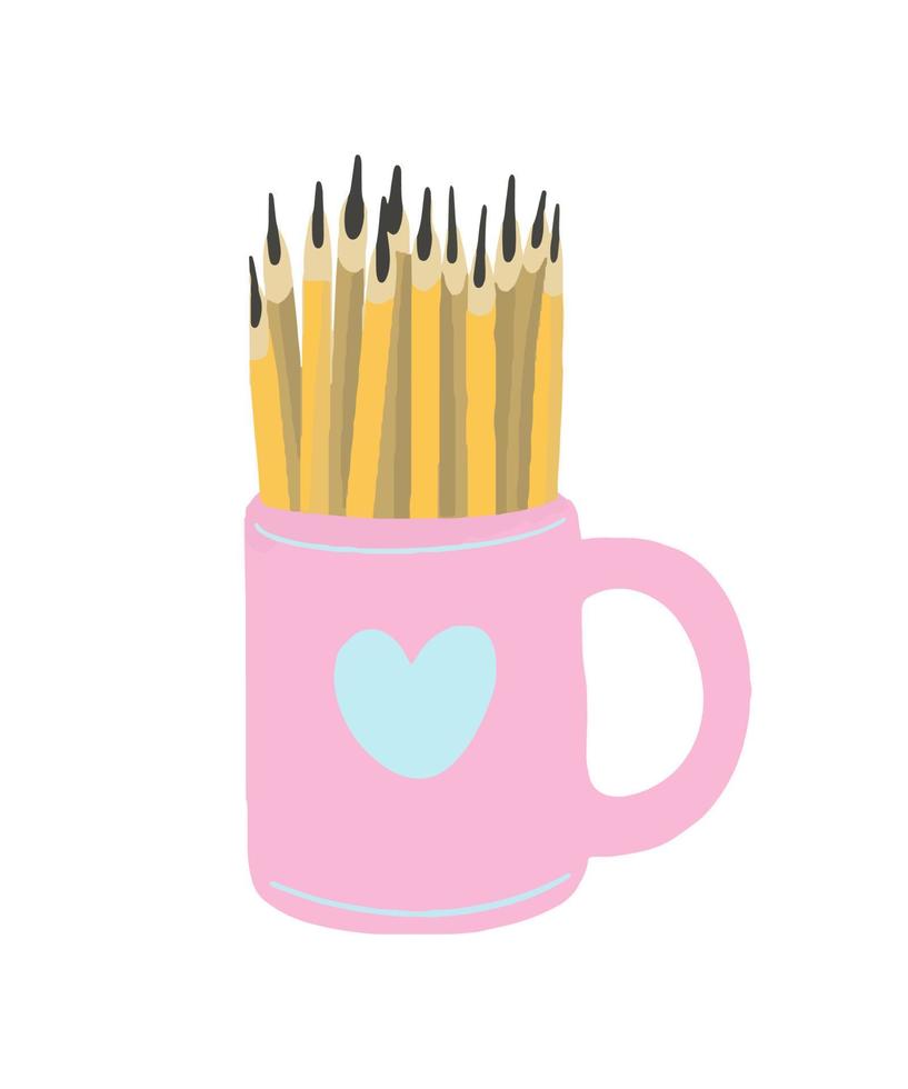 Vector Simple pencils in a pink cup with a blue heart for study. Illustration painted in watercolor.