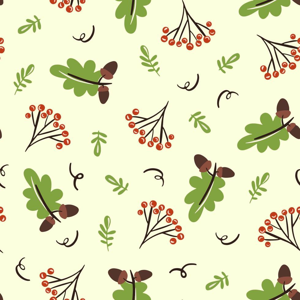 Seamless pattern with acorns, rowanberry and autumn oak leaves. For wallpaper, gift paper, pattern fills, autumn greeting cards. Vector illustration