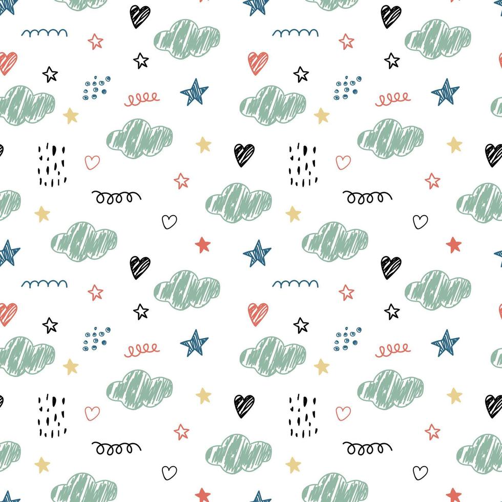 Cute kids seamless pattern with childish simple doodles of clouds stars. Vector illustration for baby textiles, prints and decor.