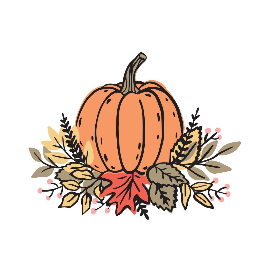 Pumpkin autumn leaves. Hand drawn vector illustration for fall design.