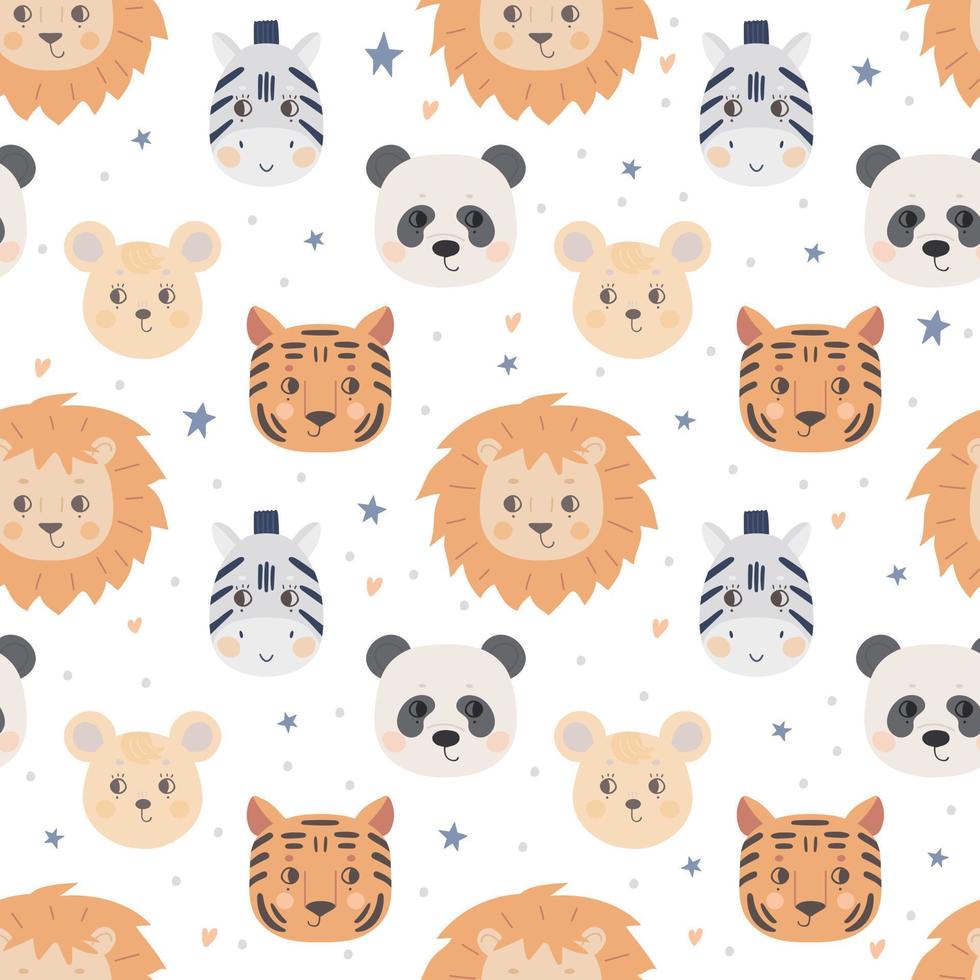 Seamless pattern with cute animal faces. The muzzle of a lion, tiger, zebra, mouse, panda on a white background. Vector for textiles and poster design, kids clothing.