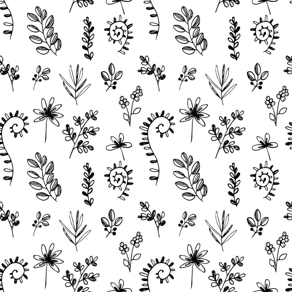 Seamless pattern with simple flowers twigs leaves. Black lines on a white background sketch minimalism. Vector illustration for decorating natural and organic cosmetics, textiles.