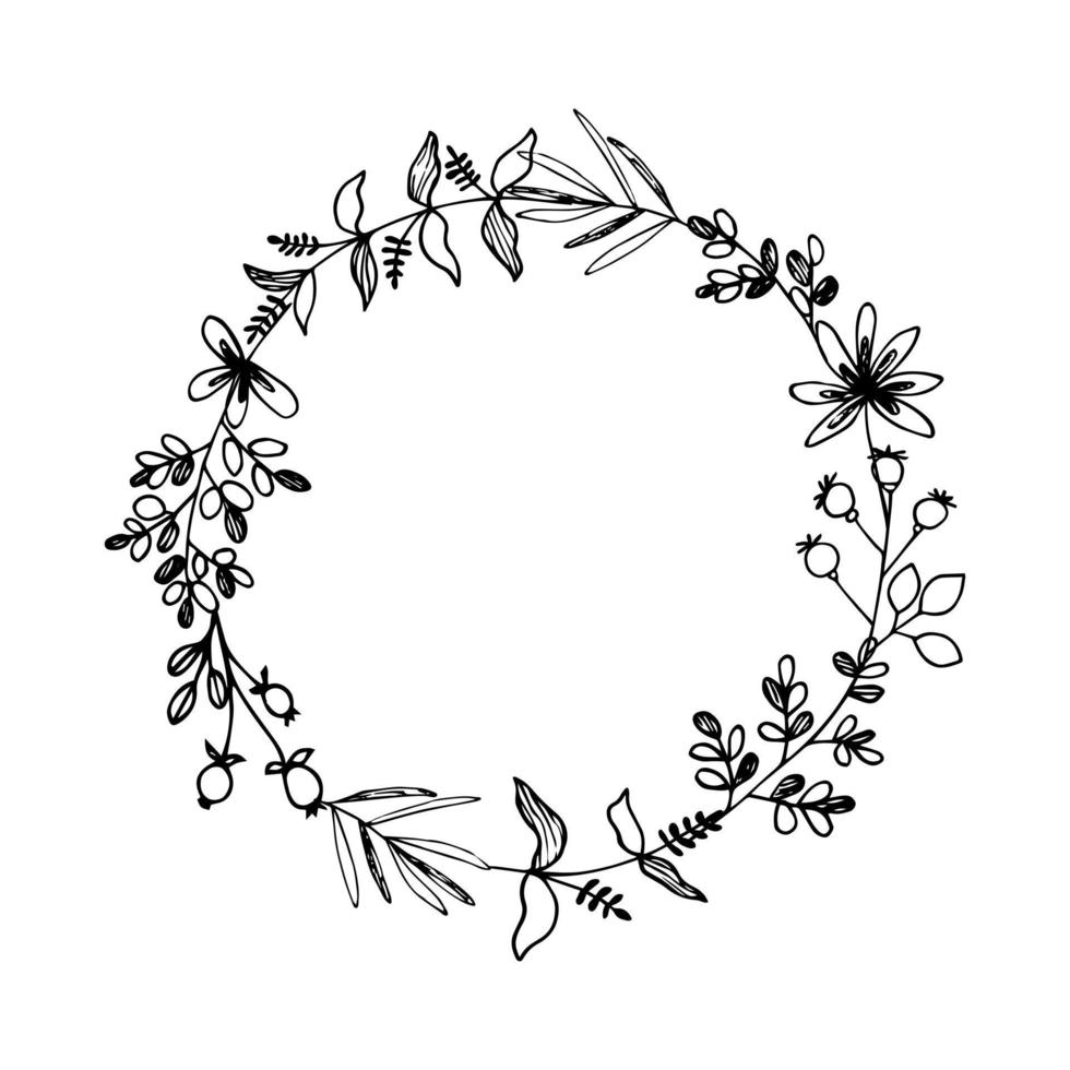 Wreath of simple twigs with different leaves. Black lines on white background, sketch, Doodle style. Hand drawn vector illustration with copy space