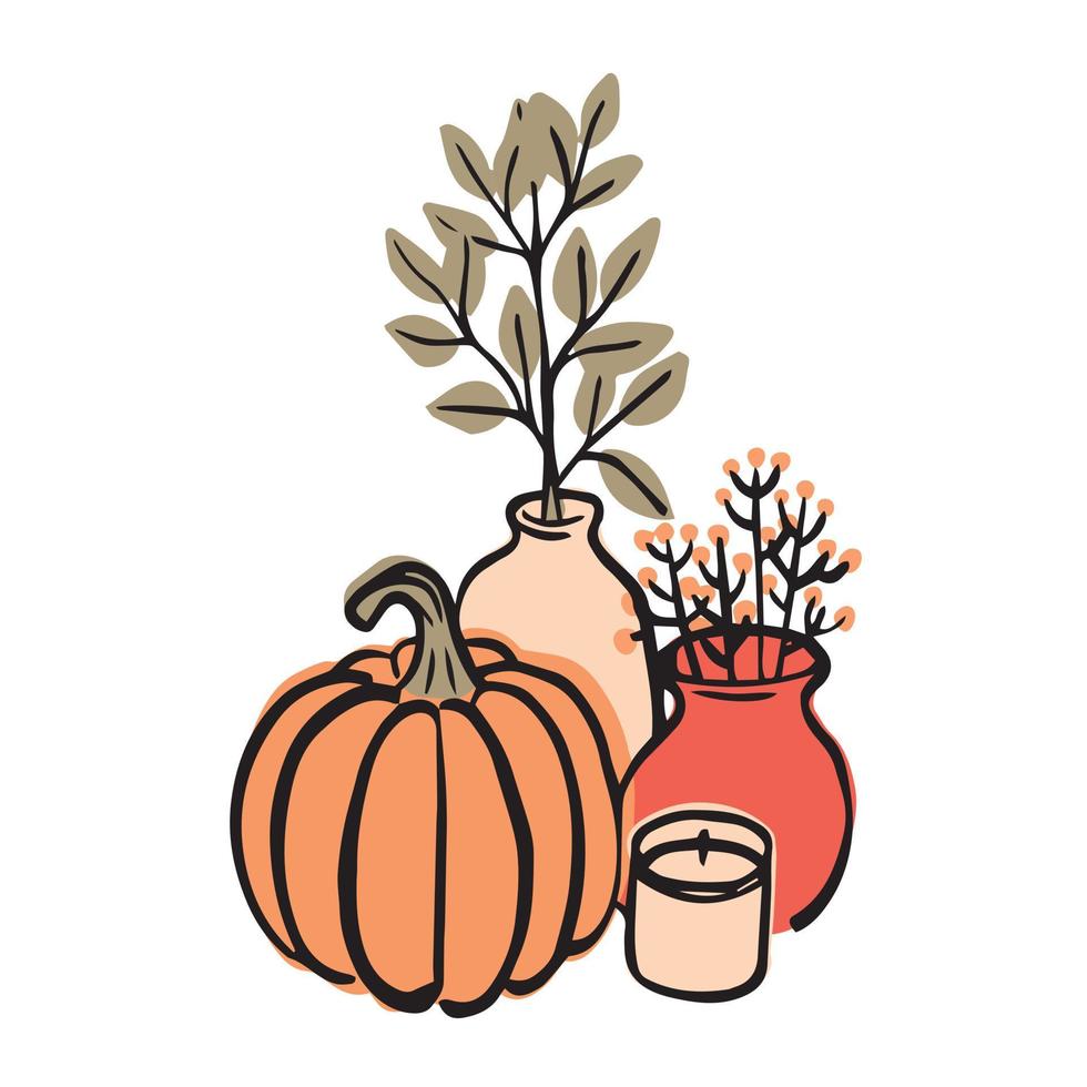 Autumn composition with pumpkin. Still life with plants in  vase with home decor. Hand drawn vector illustration.