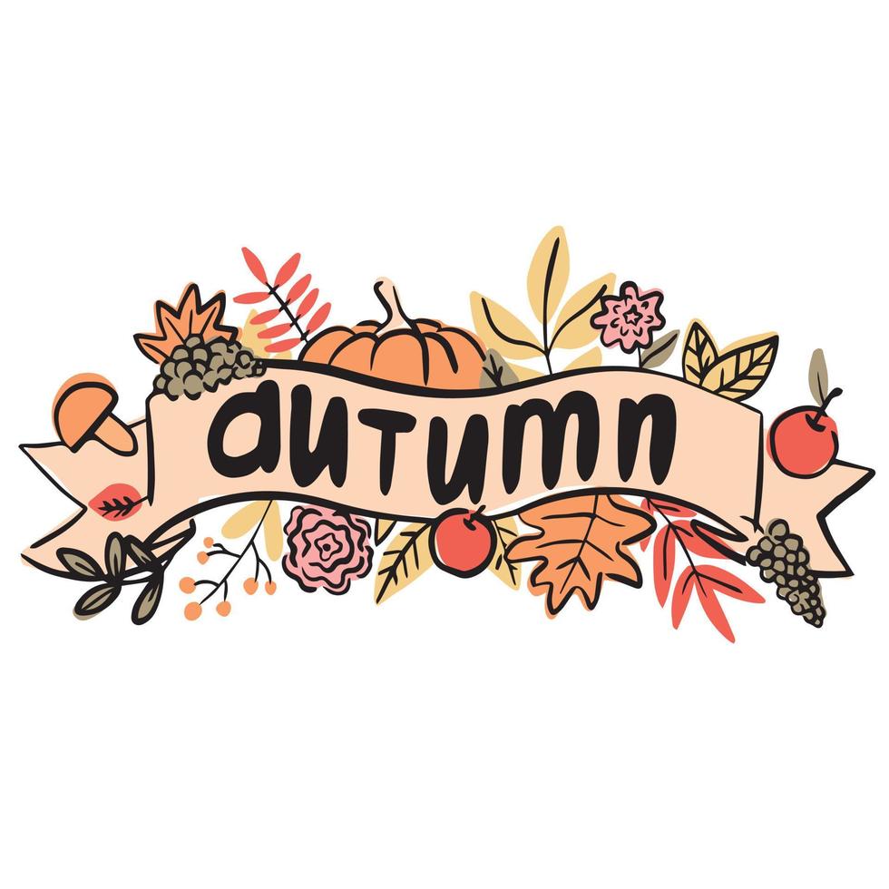 Text autumn and leaves. Hand drawn vector illustration for fall design.