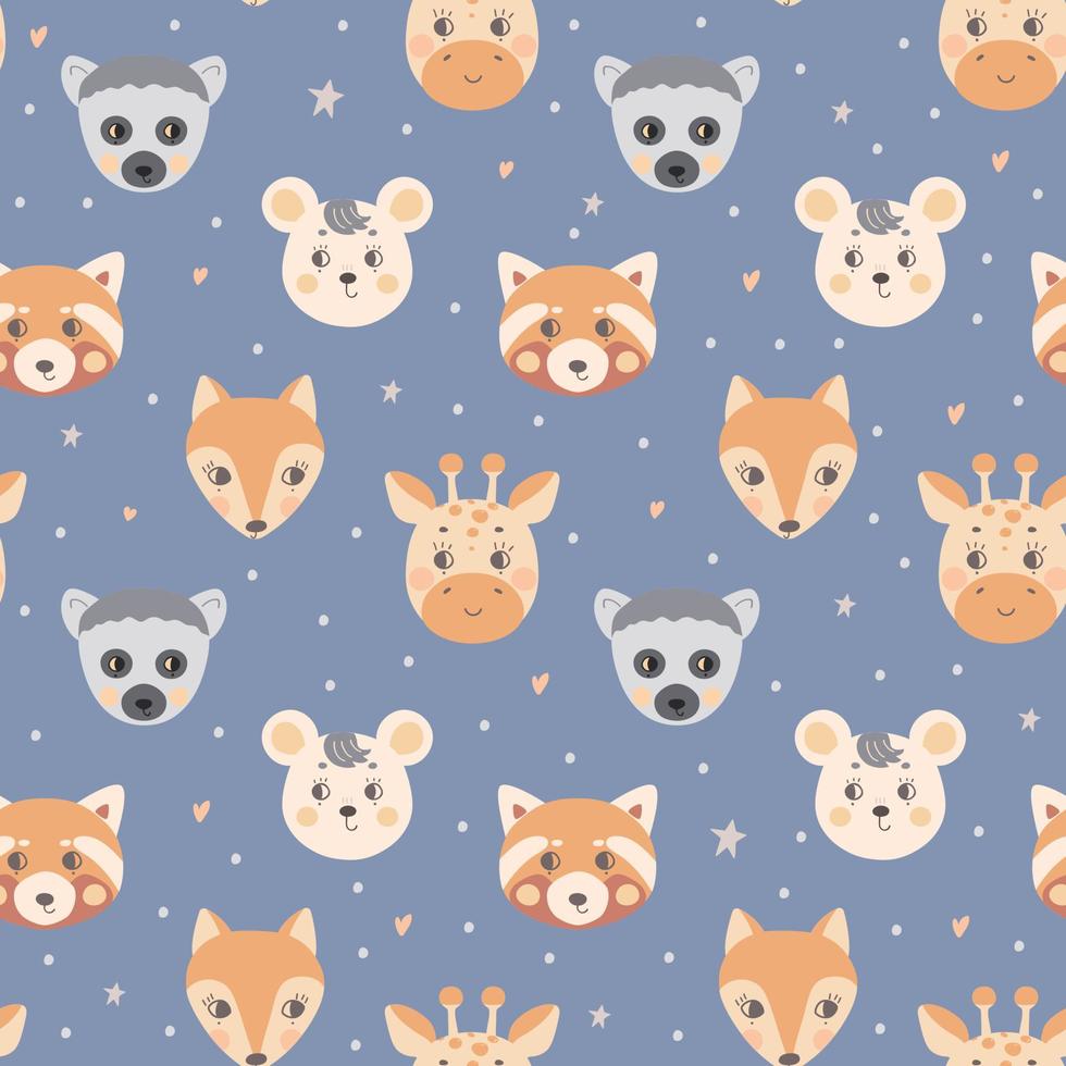 Seamless pattern with cute animal faces. The muzzle of a lemur, giraffe, fox, mouse on a gray blue background. Vector for textiles and poster design, kids clothing.