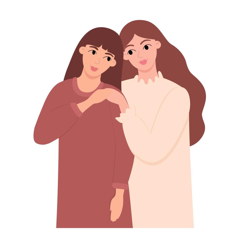 dos hermanas se paran una al lado de la otra mirándose y sonriendo. la amistad femenina es cariñosa. vector