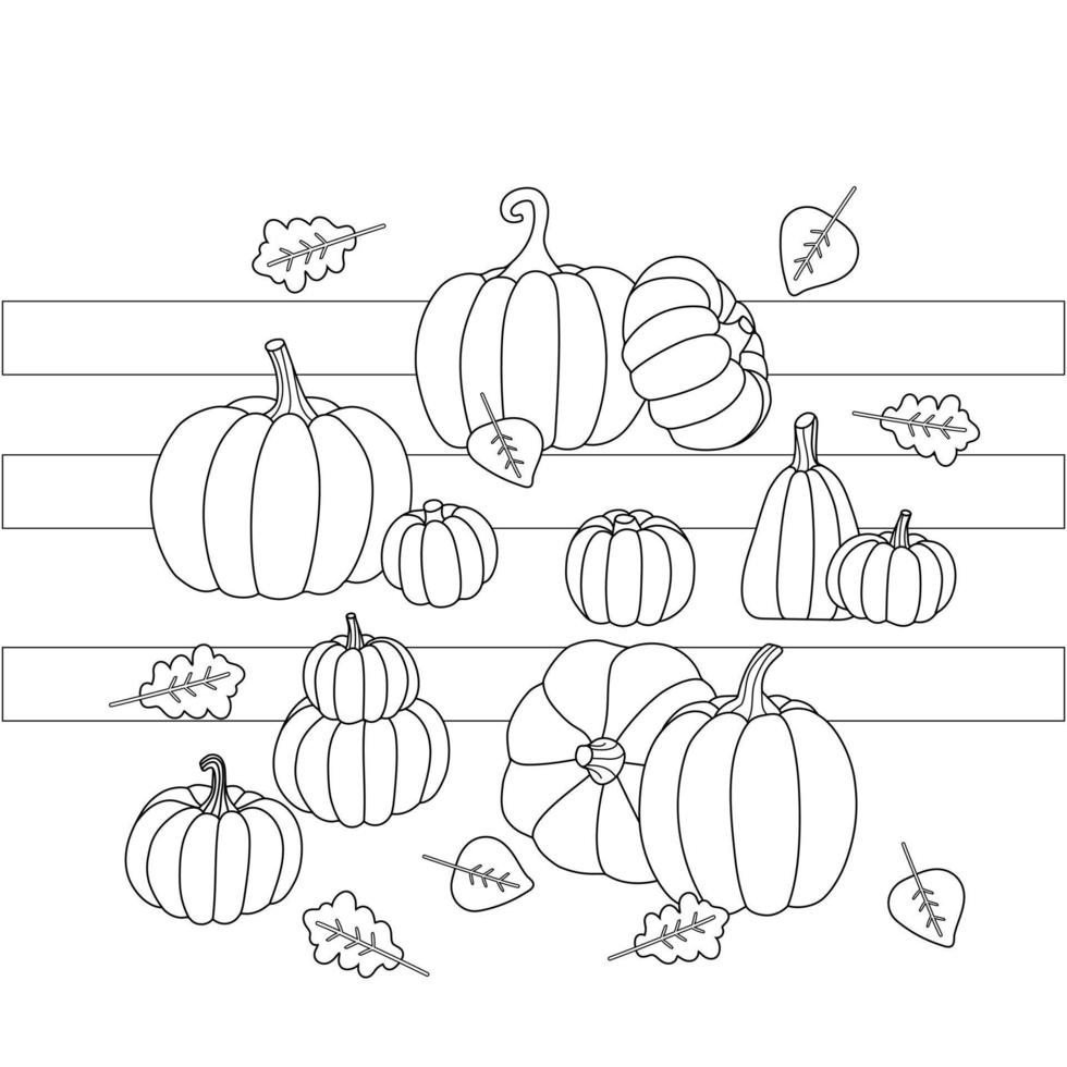 Fall coloring page with pumpkin. Black and white illustration of autumn season and decorations vector