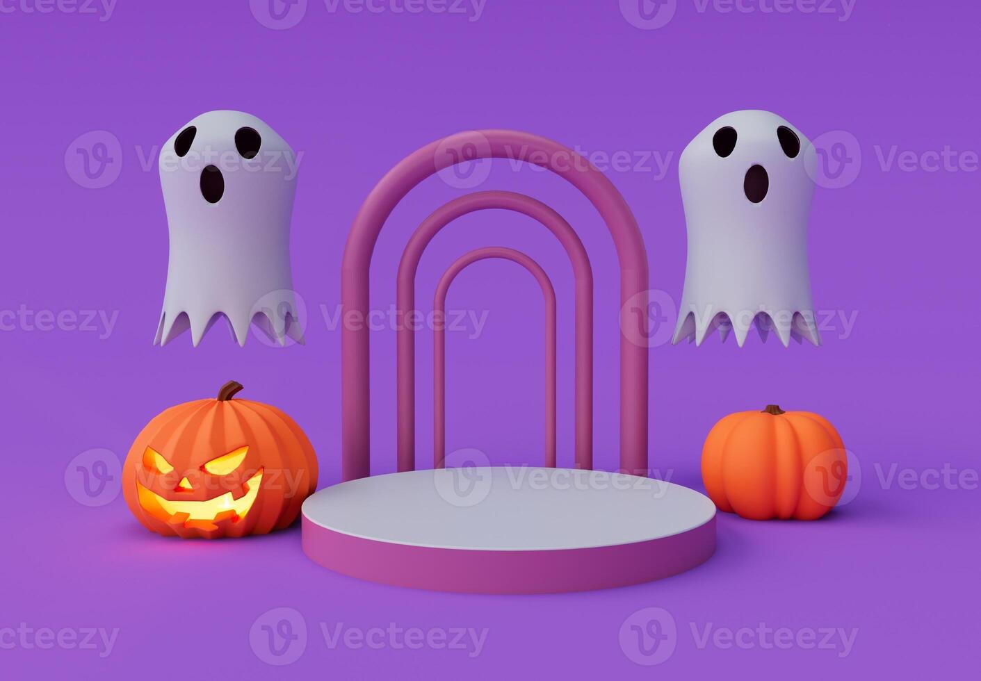 Representación 3d de halloween volando espeluznante, fantasma, calabaza, podio, elemento mínimo de diseño de fondo de halloween foto