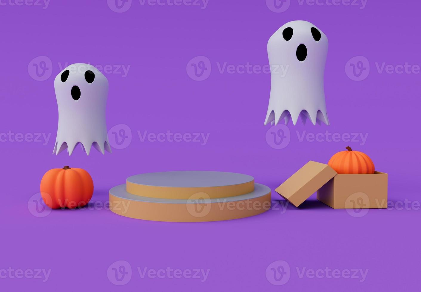 3d rendering of Halloween flying spooky, ghost, pumpkin, podium, minimal Halloween background design element photo