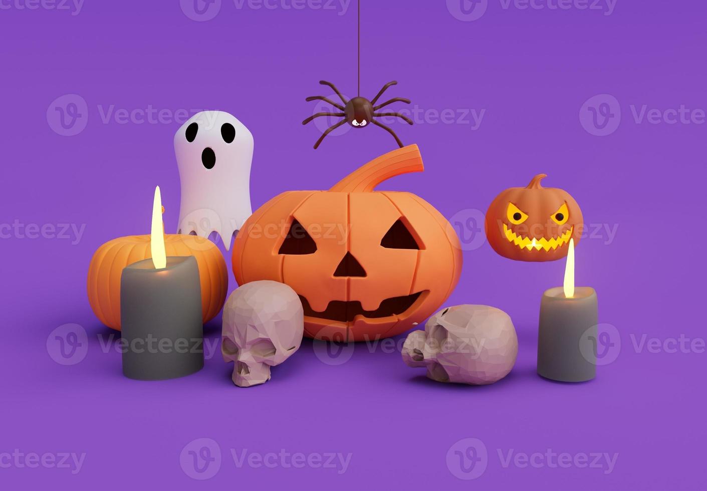 3d rendering of Halloween pumpkin with inside candle glowing,white ghost minimal Halloween background design element photo