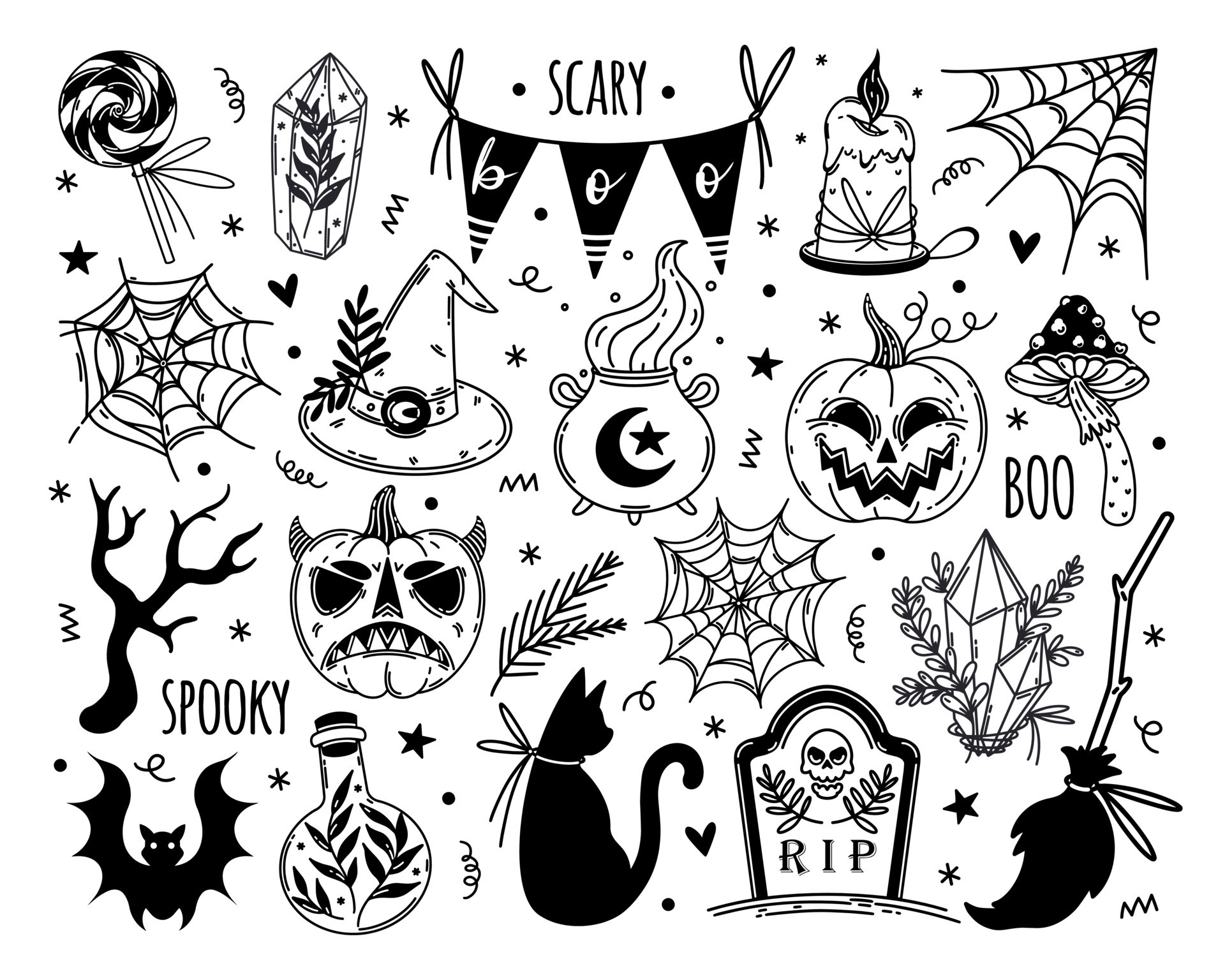 Premium Vector  Doodle black and white halloween set for cute design hand  draw funny cartoon elements for party