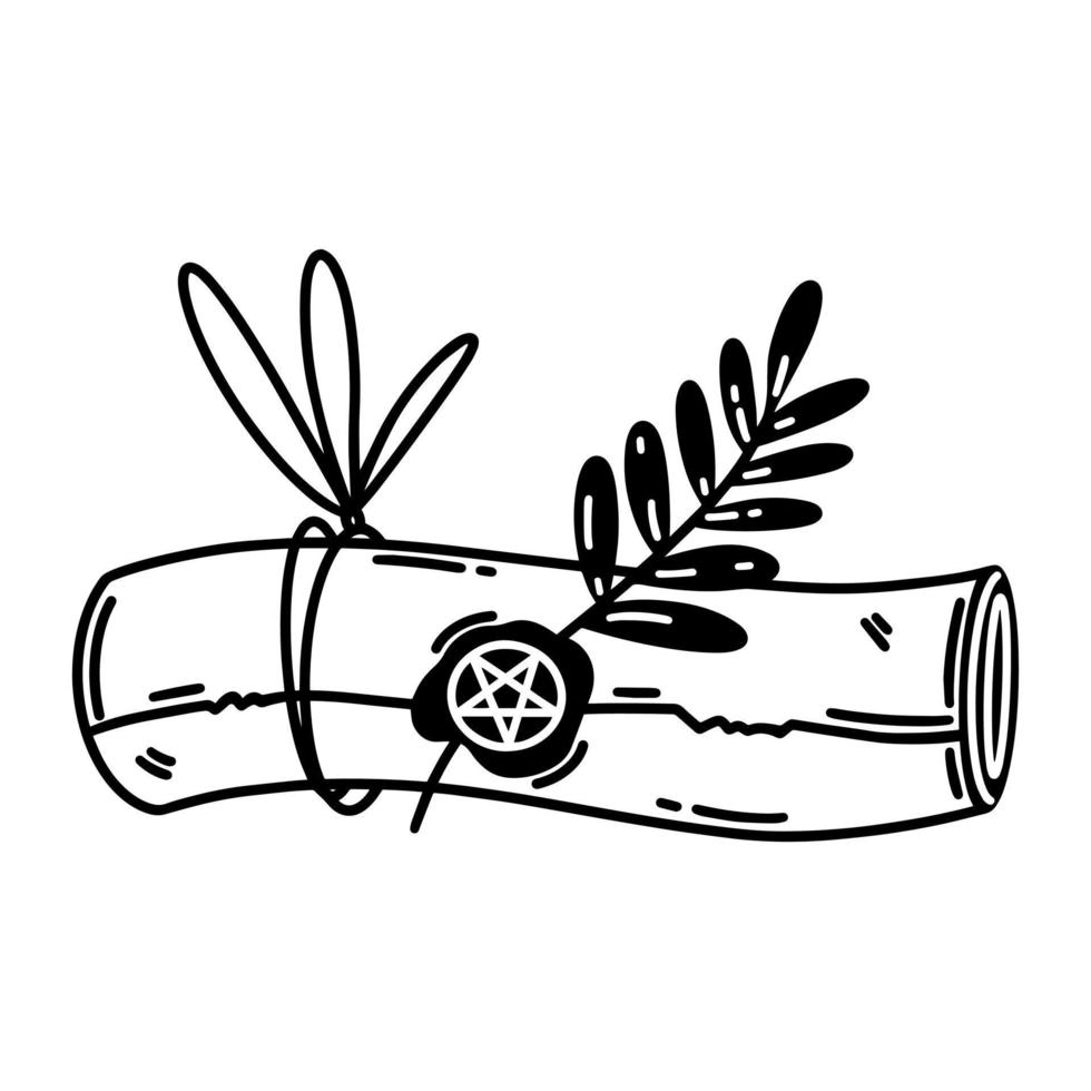 icono de vector de pergamino vintage enrollado. un mensaje mágico atado con una cinta, sello de cera, flores secas. pergamino de brujería aislado en blanco. contorno negro, boceto simple. clipart de dibujos animados para logotipo, web, aplicaciones