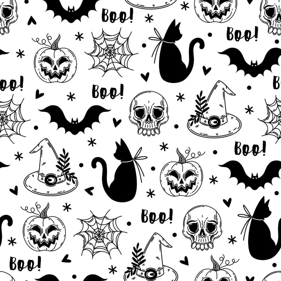 Halloween seamless vector pattern. Autumn holiday symbol - pumpkin, bat, black cat, spider web, skull, witch hat. Hand drawn sketch isolated on white. Background for wallpaper, textile, wrapping