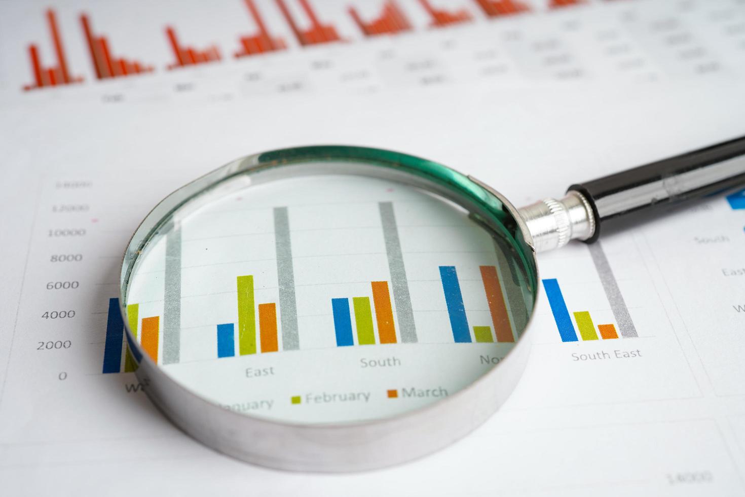 Magnifying glass on charts graphs paper. Financial development, Banking Account, Statistics, Investment Analytic research data economy. photo