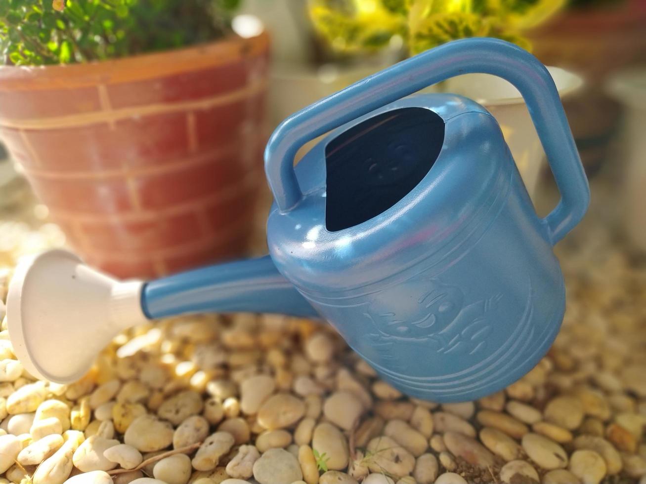 A lovely blue watering can in the garden in the morning. photo