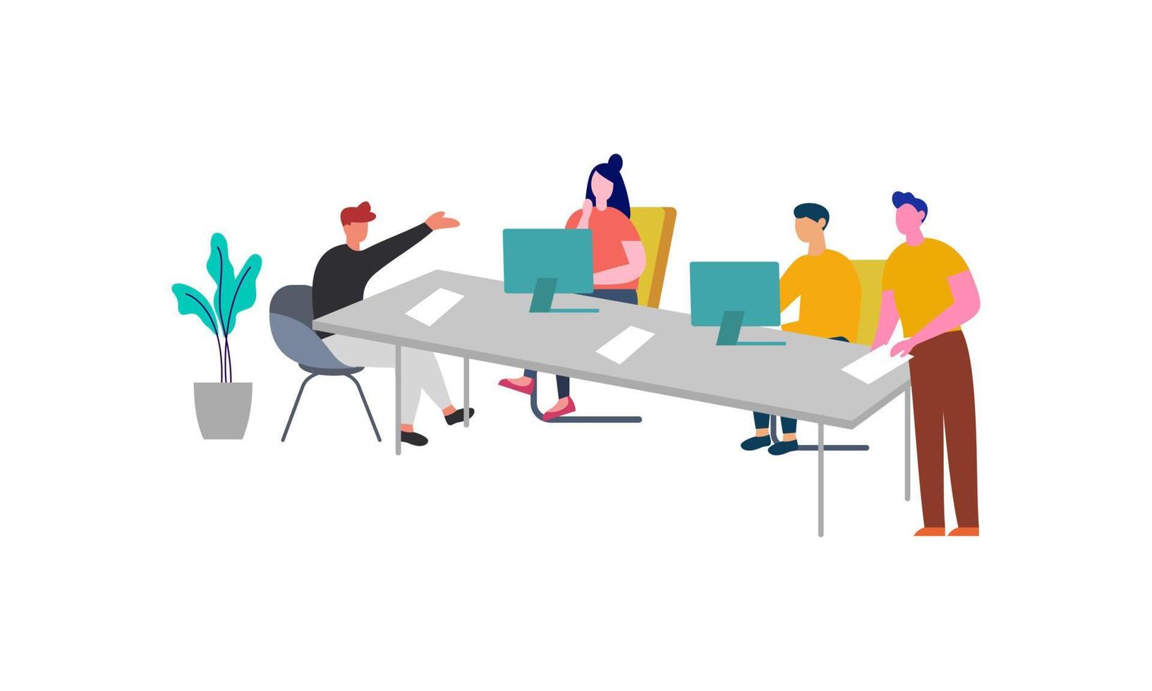 Group of office workers sitting at desks and communicating or talking to each other vector