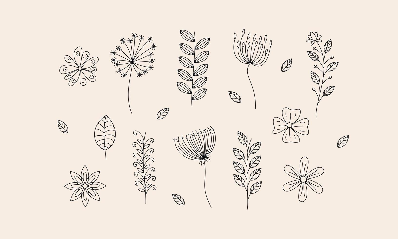 vector de doodle de flores y ramas dibujadas a mano