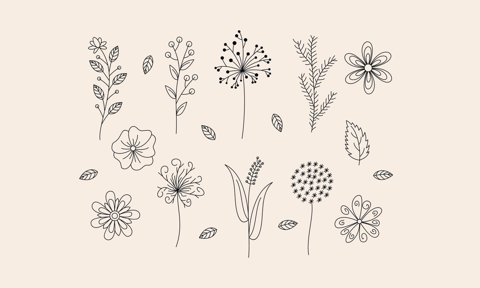 Hand drawn flower and branches doodle vector