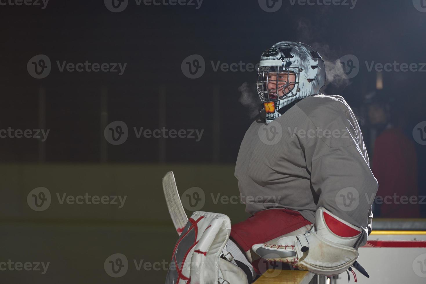 jugadores de hockey sobre hielo en el banco foto