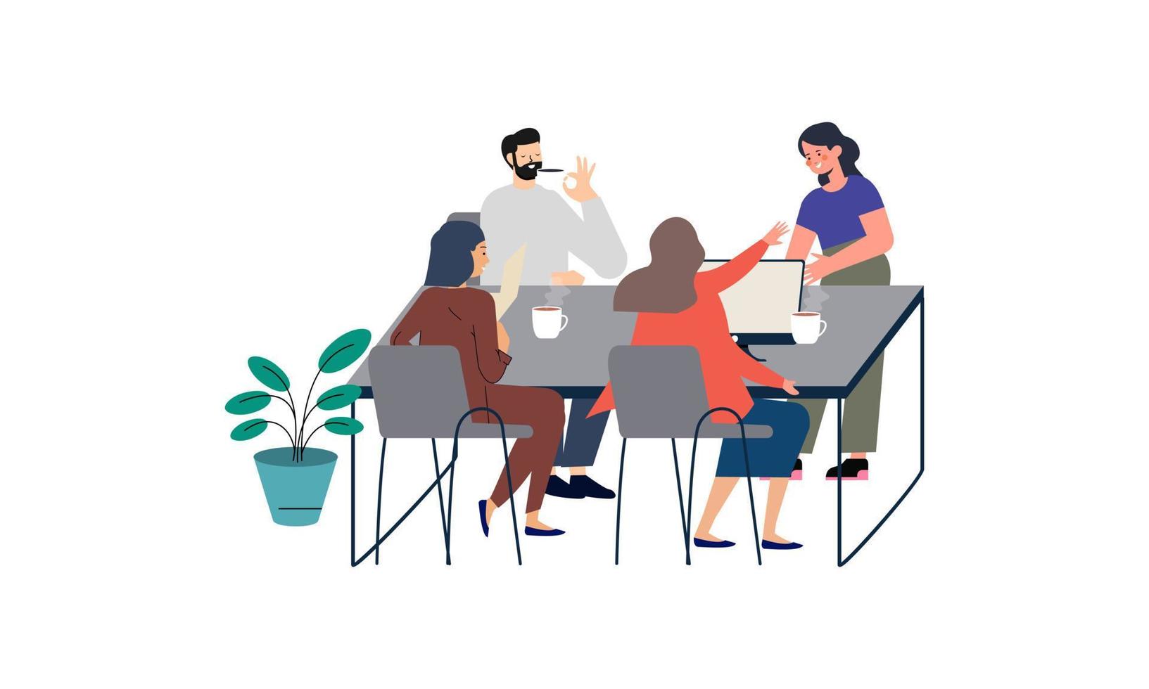 Group of office workers sitting at desks and communicating or talking to each other vector