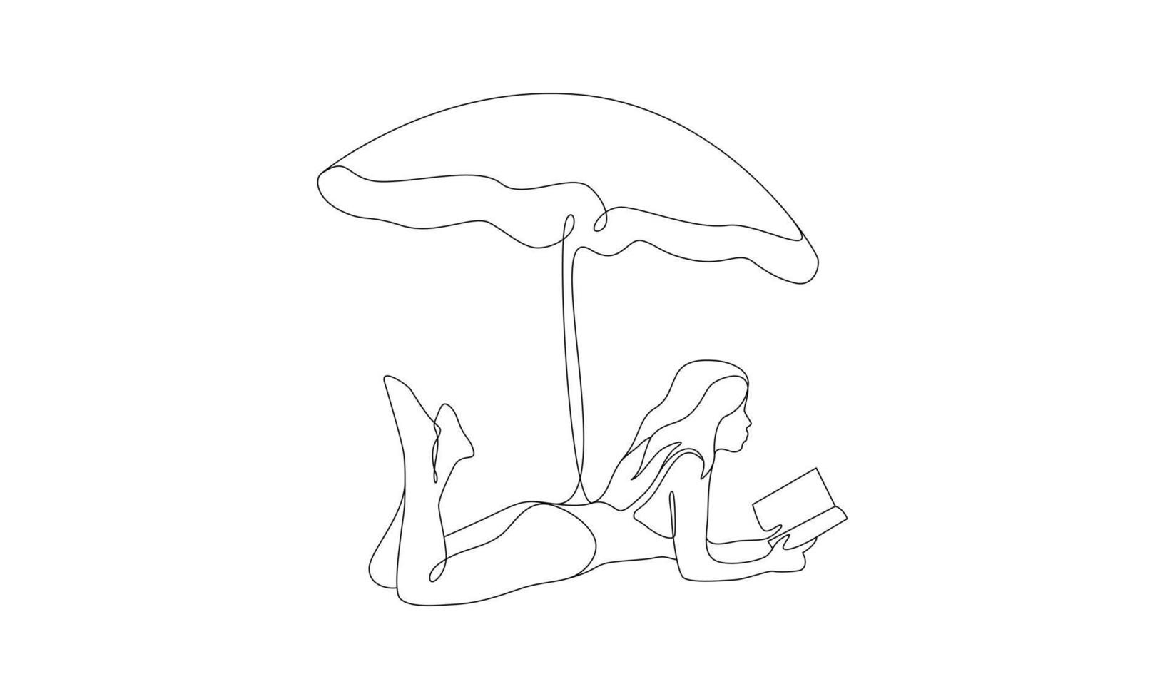 Summer vacation concept in line art drawing style. Coast of the sea, umbrella, people relaxing on a vector