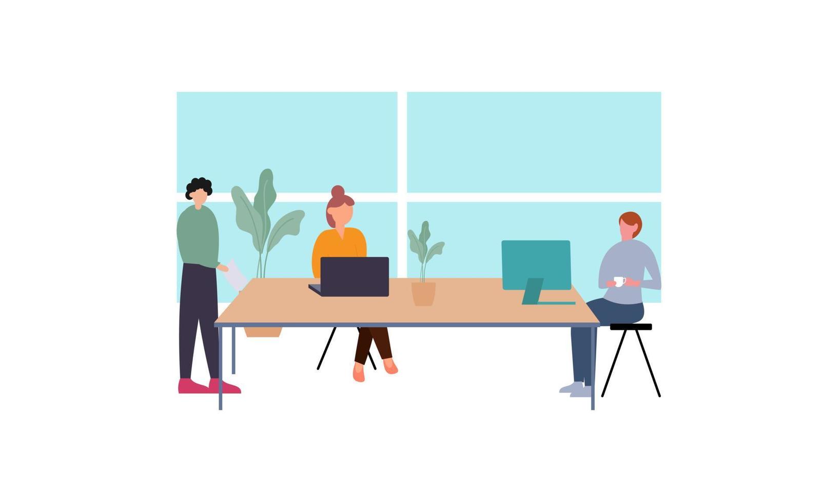 Group of office workers sitting at desks and communicating or talking to each other vector