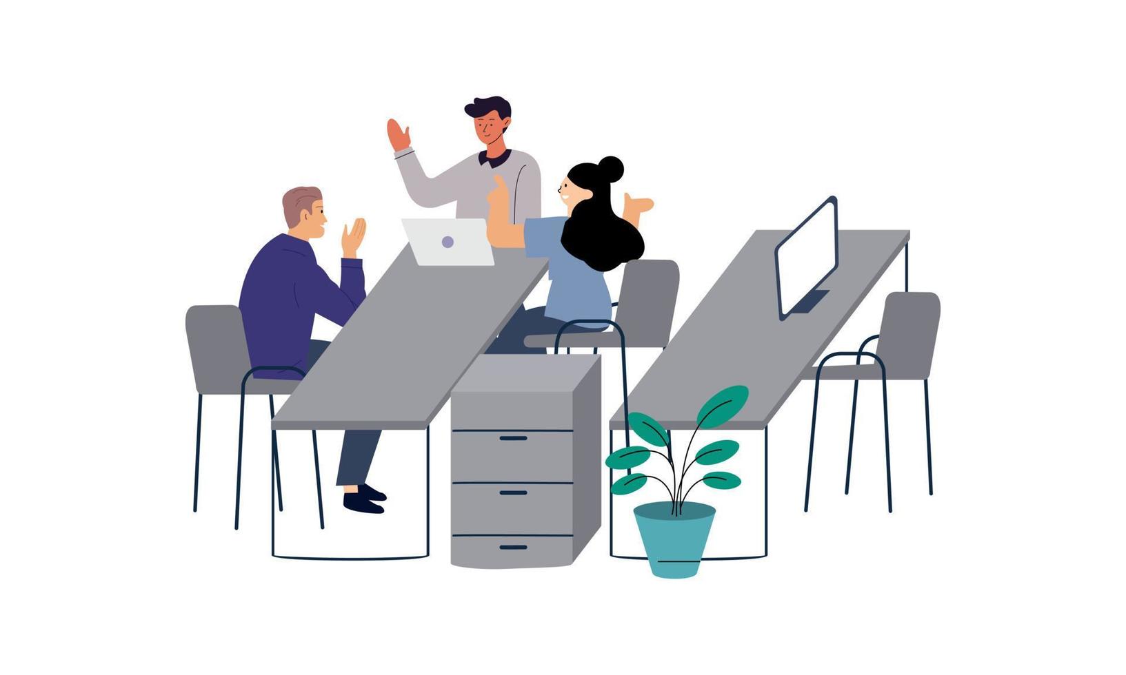 Group of office workers sitting at desks and communicating or talking to each other vector
