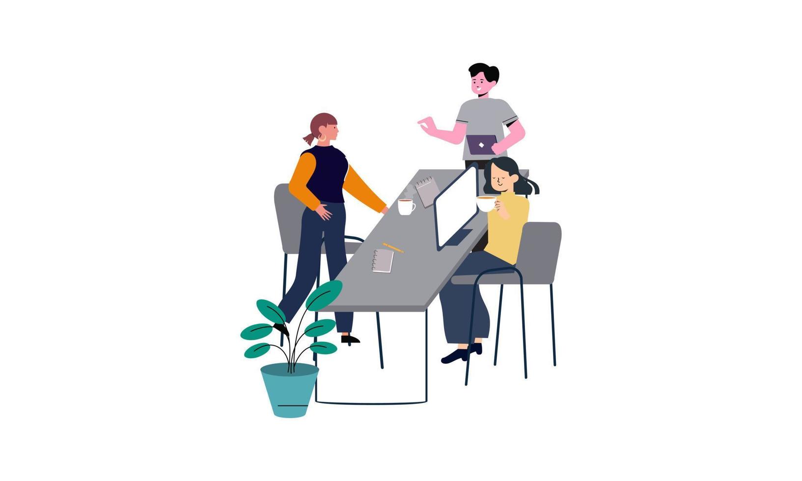 Group of office workers sitting at desks and communicating or talking to each other vector